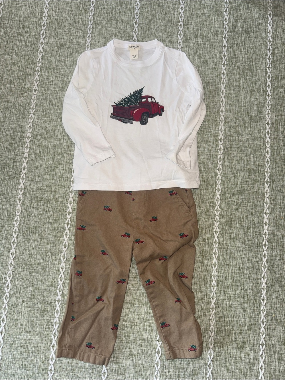 Crewcuts White Top with Red Truck and Tan Pants. Christmas Outfit.